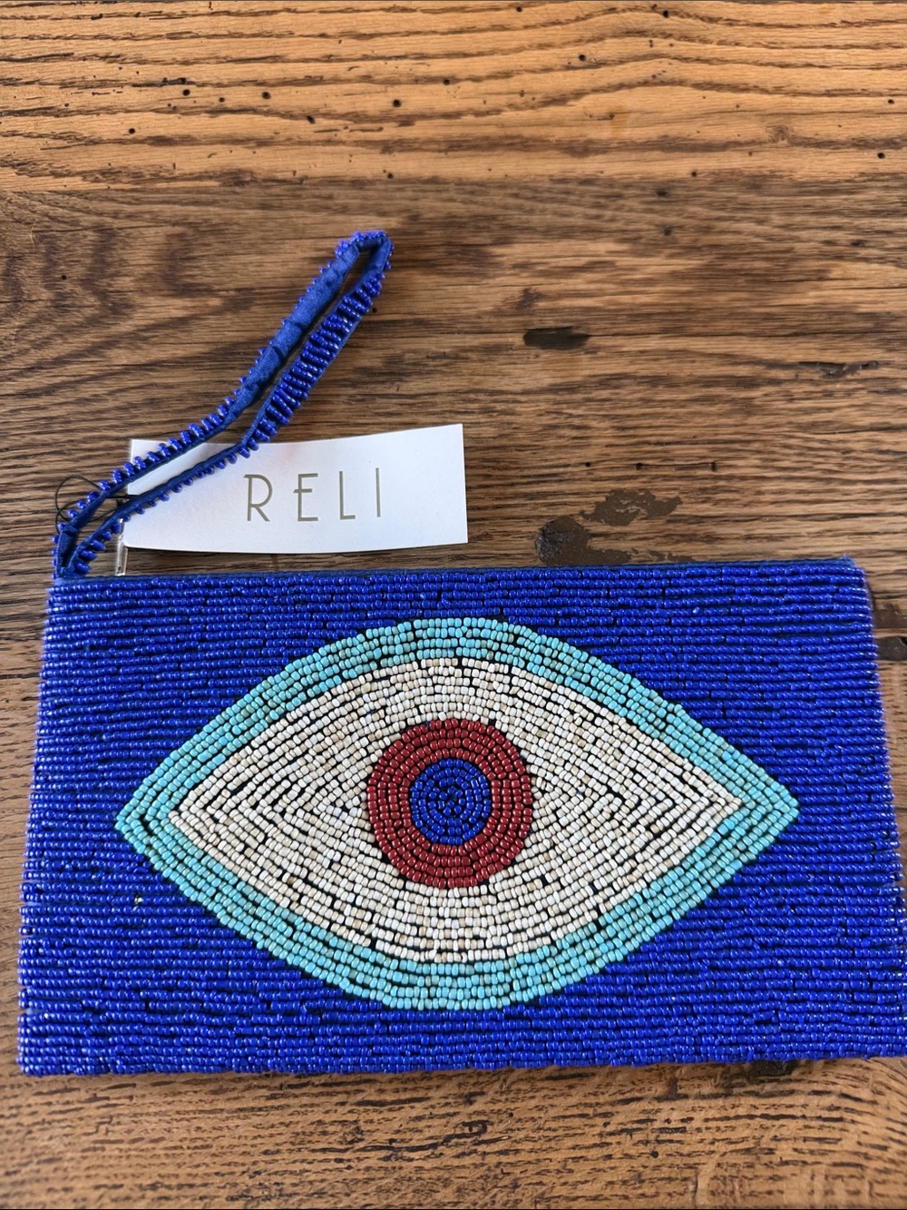 Blue Beaded Evil Eye Wristlet Clutch